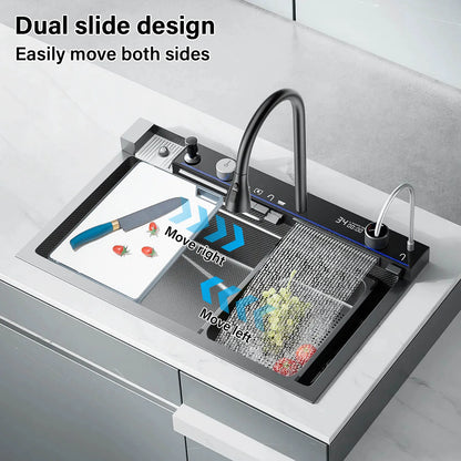 304 Stainless Steel Kitchen Sink with Digital Display Waterfall Faucet, Multifunctional Large Single Slot Whale Sink