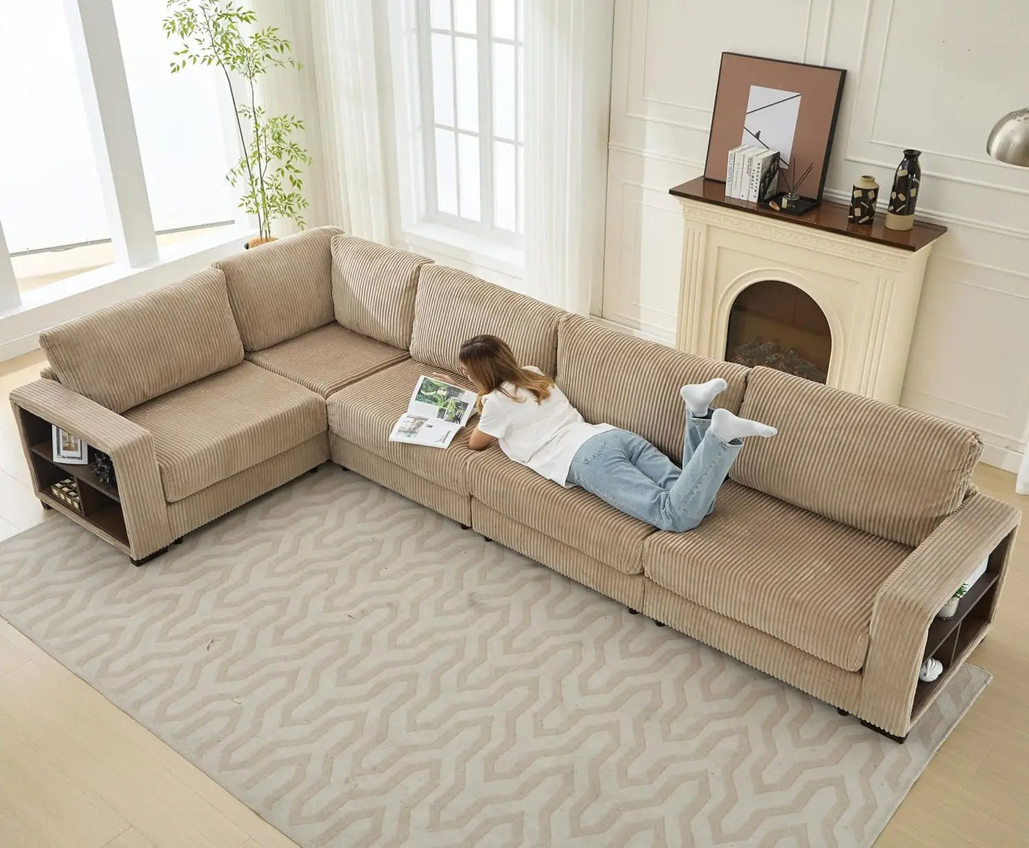Corduroy Large Sectional Sofa Couches for Livingroom, Oversized 5 Seat L-Shaped Sofa Set with Chaise&Storage Cabinet