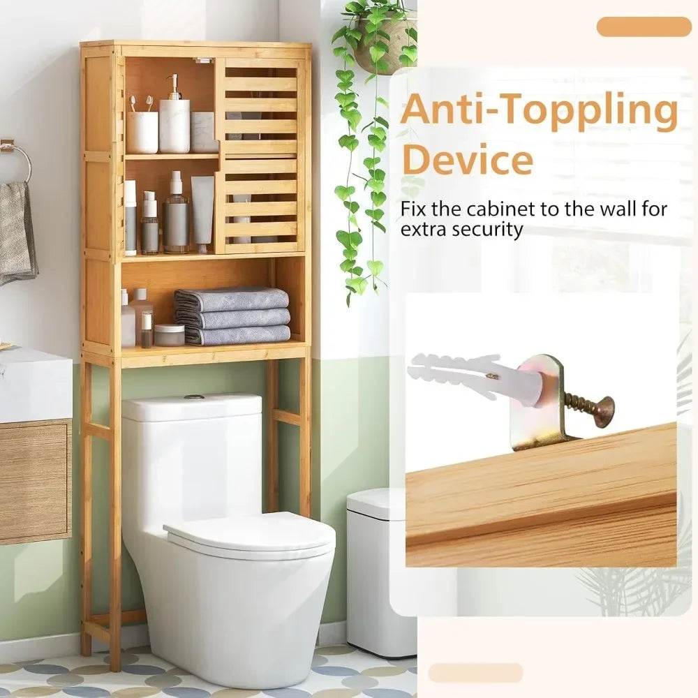 Freestanding tall bamboo bathroom shelf with two doors and open storage above toilet