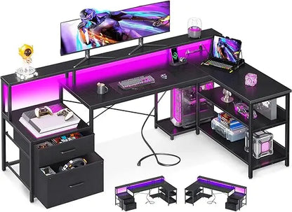 L Shaped Computer Desk with File Drawer, Power Outlet & LED Strip