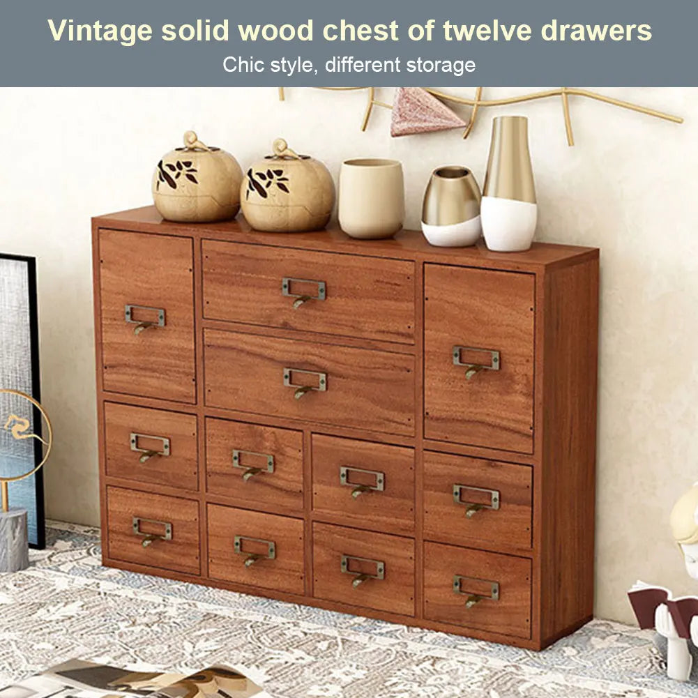 12 Drawer Wooden Apothecary Cabinet with Label Slot & Metal Handle Tabletop Storage Box Library Card Catalog Cabinet for Kitchen or Desk