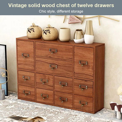 12 Drawer Wooden Apothecary Cabinet with Label Slot & Metal Handle Tabletop Storage Box Library Card Catalog Cabinet for Kitchen or Desk
