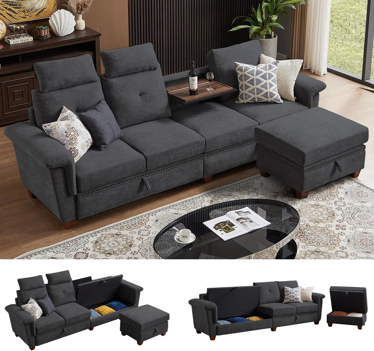 110" Sectional Sofa, Convertible L Shaped Sofa with Ottoman and Large Storage, 4 Seat Sectional with Cup Holder