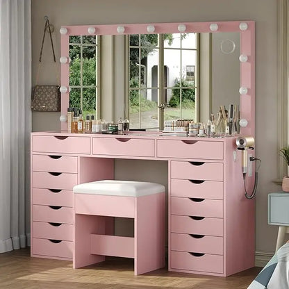 Vanity Desk with Mirror and Lights, with Charging Station, 15 Drawers