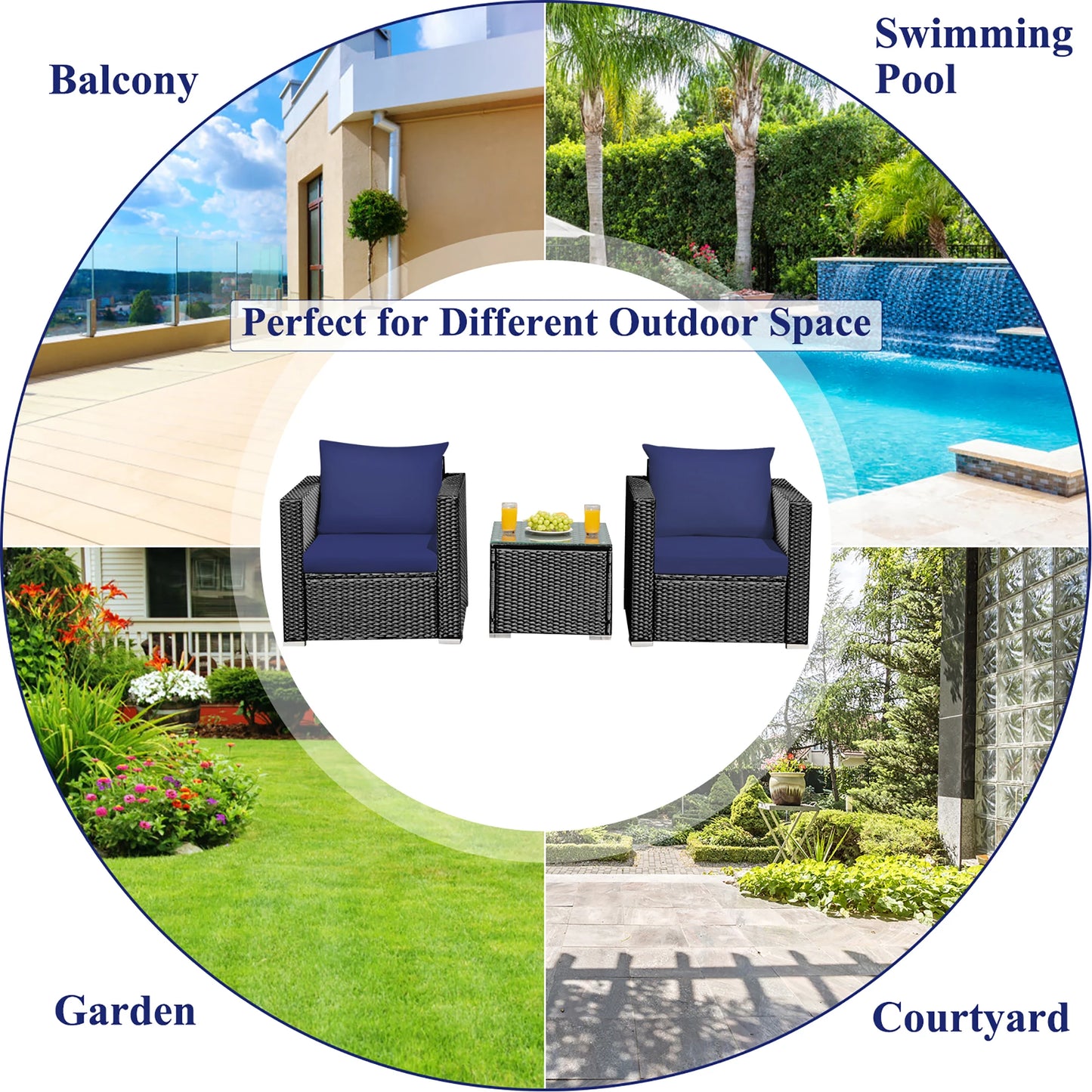 3PCS Patio Rattan Wicker Furniture Set Sofa Table W/Cushion Navy Blue