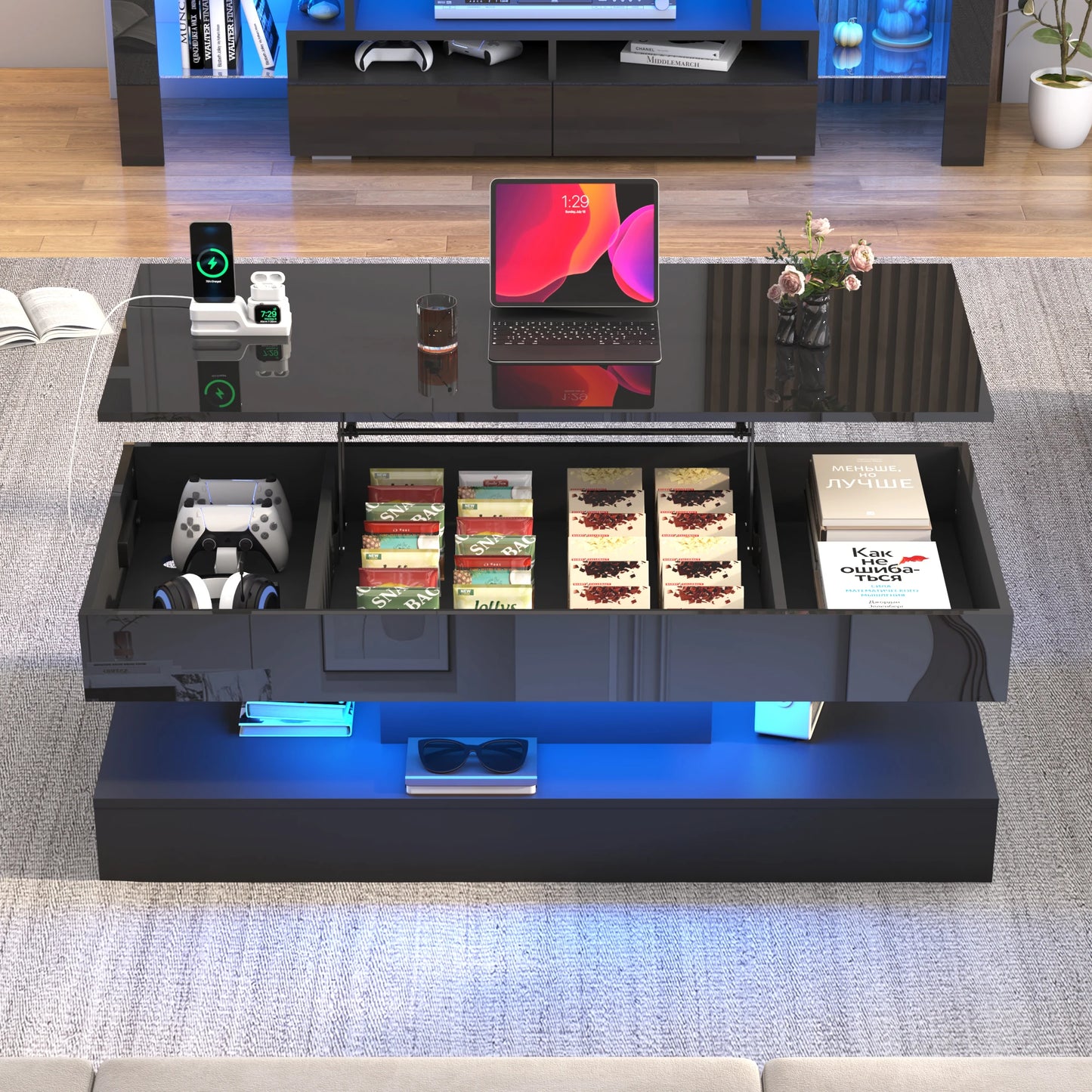 High Glossy LED Coffee TableOpen Display Shelf & Large Storage Space