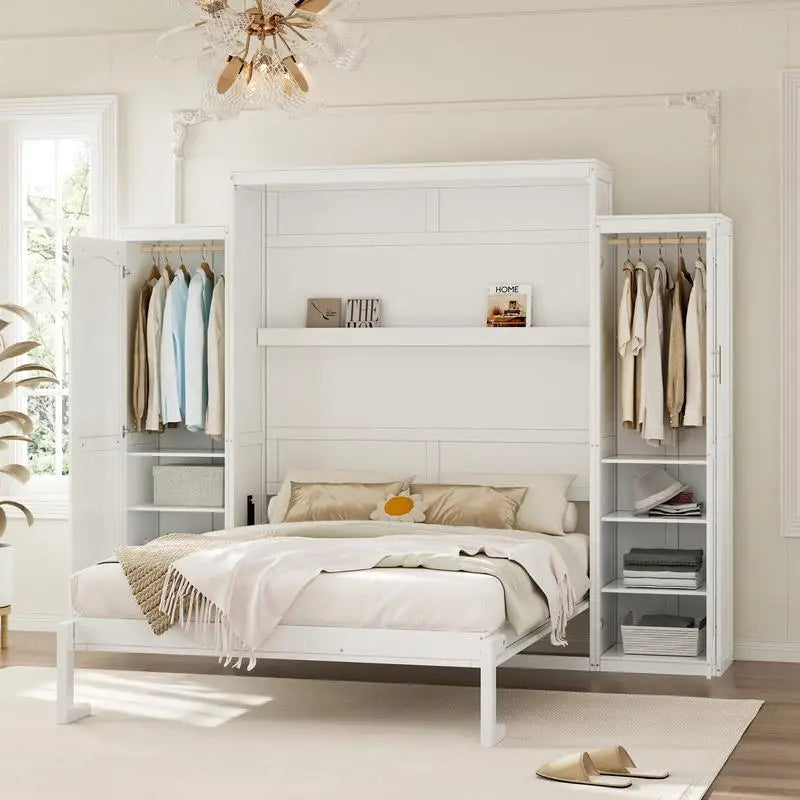 Queen Size Murphy Bed with 2 Wardrobes and Storage Shelf, Multifunctional Foldable Bed Frame for Guest Room and Bedroom, White