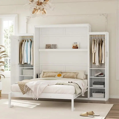 Queen Size Murphy Bed with 2 Wardrobes and Storage Shelf, Multifunctional Foldable Bed Frame for Guest Room and Bedroom, White