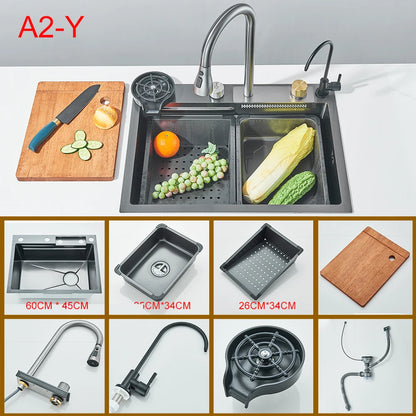 Multifunctional Kitchen Waterfall Sink Digital Display; 304 Stainless Steel
