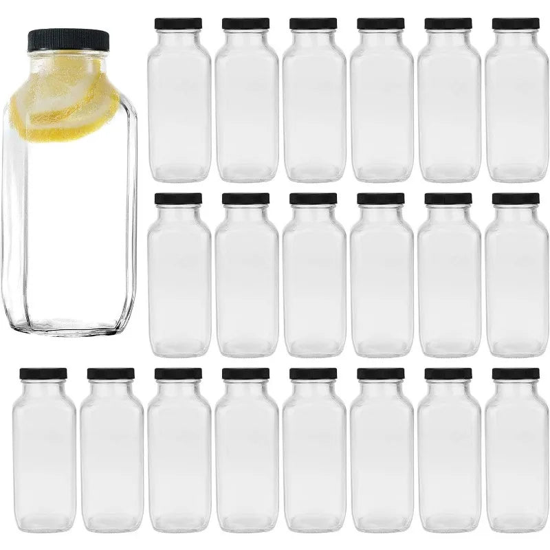 Vintage Water,Glass 16oz,Square With Lids For Homemade Drinks, 20Pack