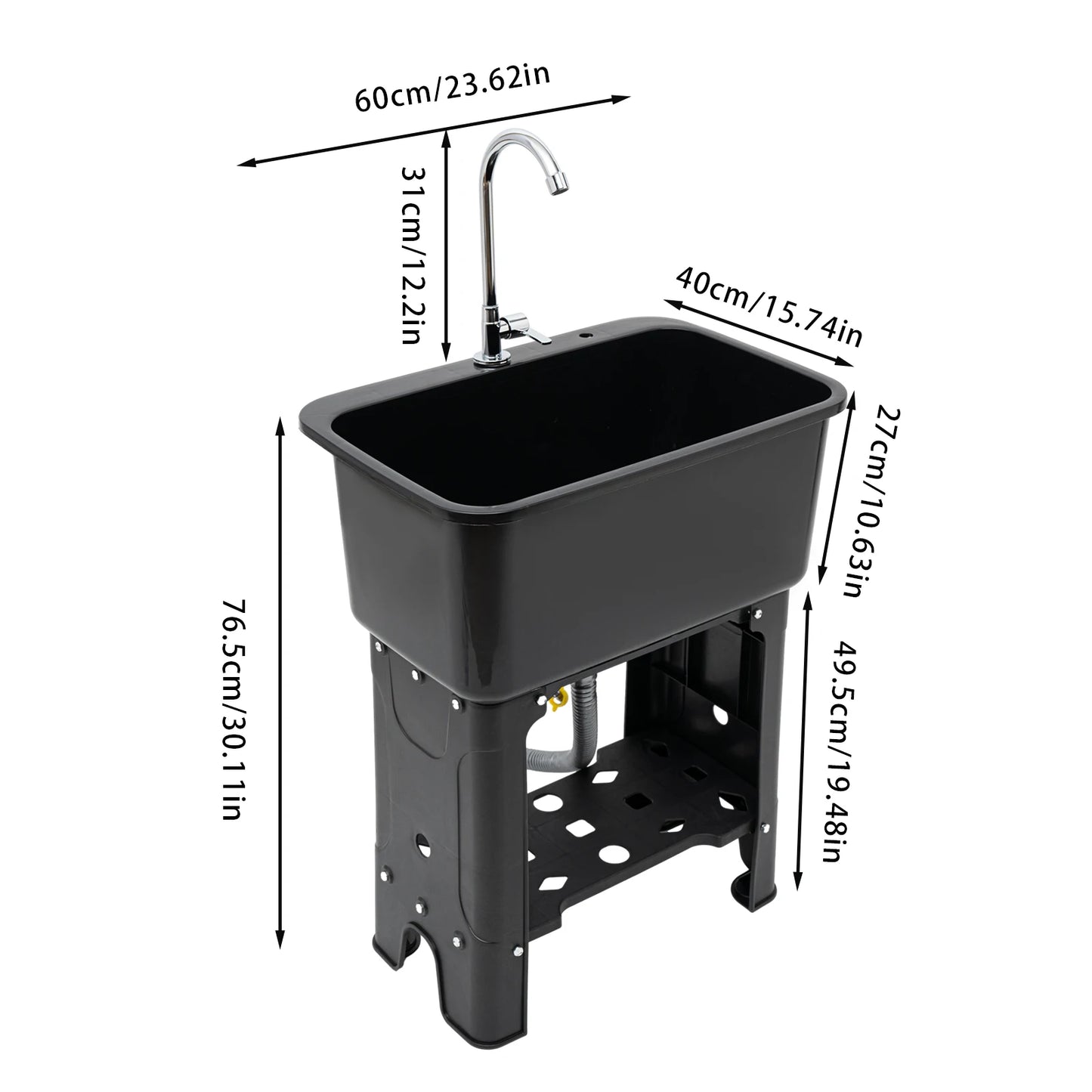 Large Utility Sink Laundry Tub (22.05x12.6x10.24"), Black Color, Quick Drainage, Full Set with Faucet, Hose, and Drain Pipe Incl