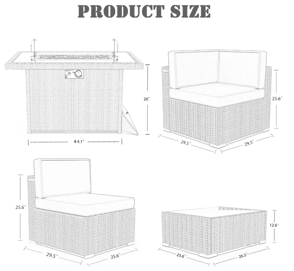 8 Pieces Patio Furniture Set with 44" Propane Gas Fire Pit Table, Outdoor Sectional Wicker Conversation Sofa Sets with Table
