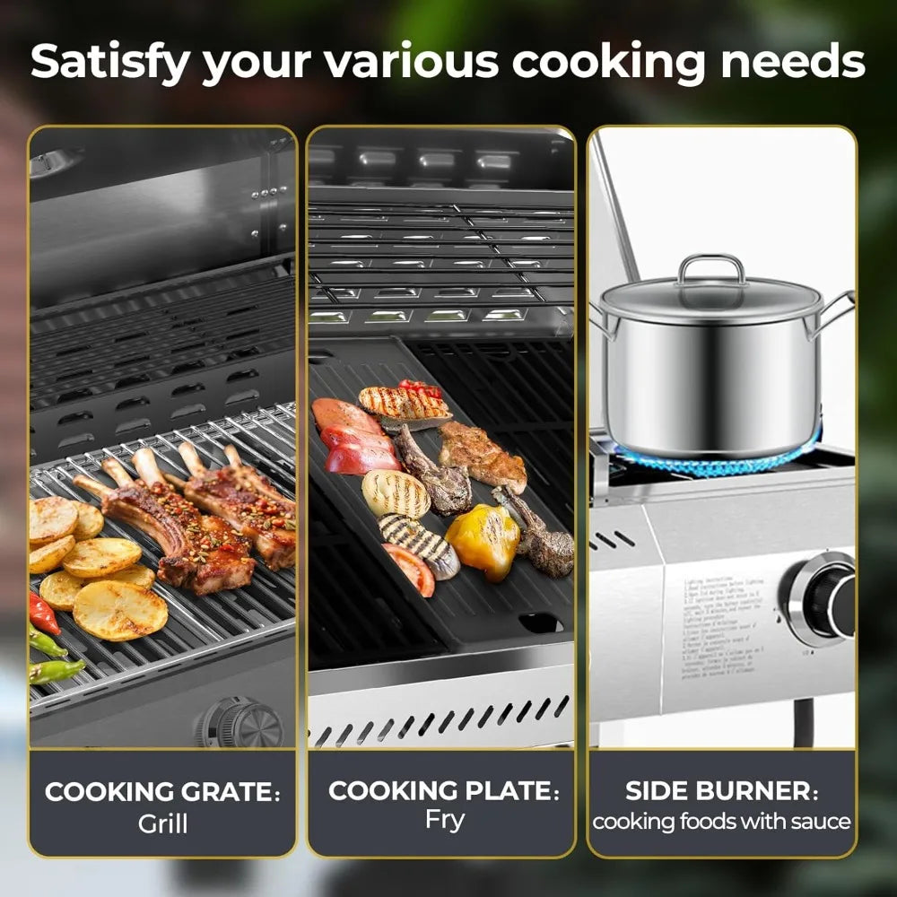 3-Burner Propane Gas Grill with Side Burner, 34,000 BTU Stainless Steel Outdoor BBQ for Camping & Parties