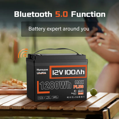 12V 100AH LiFePO4 Lithium Battery With Bluetooth Monitor Battery info 1280Wh For RV, Camper, Golf Cart, Trolling Motor