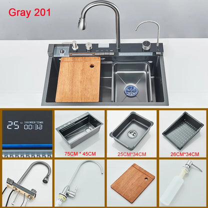 Multifunctional Kitchen Waterfall Sink Digital Display; 304 Stainless Steel
