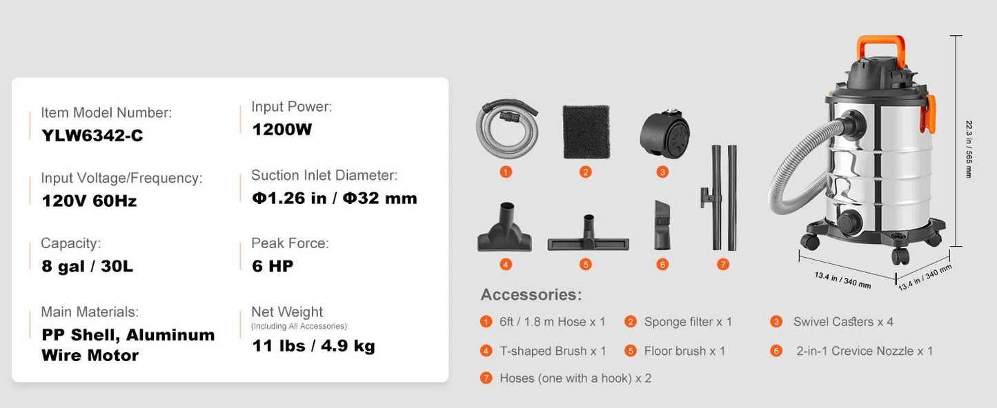 SucceBuy Stainless Steel Wet Dry Shop Vacuum Wet  Dry Vac Powerful Suction  Small Shop Vac Perfect for Carpet Debris  Pet  Hair