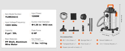 SucceBuy Stainless Steel Wet Dry Shop Vacuum Wet  Dry Vac Powerful Suction  Small Shop Vac Perfect for Carpet Debris  Pet  Hair