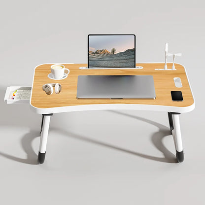 Portable Laptop Desk with USB Light, Small Fan, Cup Holder, Tablet Slot, and Lifting Handle