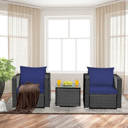 3PCS Patio Rattan Wicker Furniture Set Sofa Table W/Cushion Navy Blue