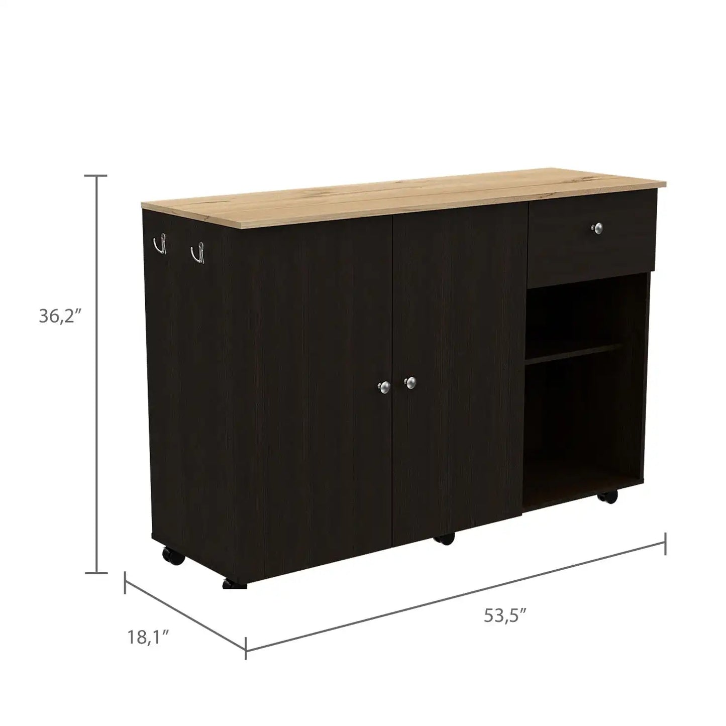 Kitchen Island Cart Victoria, Four Interior Shelves, Six Carters, One Drawer, Double Door Cabinet Black