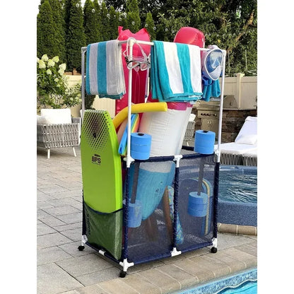 Pool Equipment Holder with Towel Drying Bars, Mesh Rolling