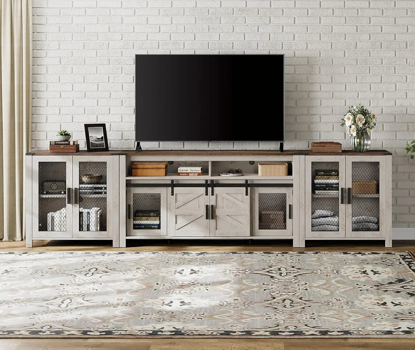 TV Stand Set for 100 inch TV,Door Storage Cabinet with Mesh  Adjustable