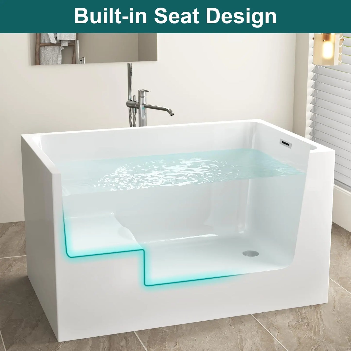 43" Acrylic Freestanding Bathtub, Soaking Tub w/Seat, Chrome Overflow, Gloss White Bathtub