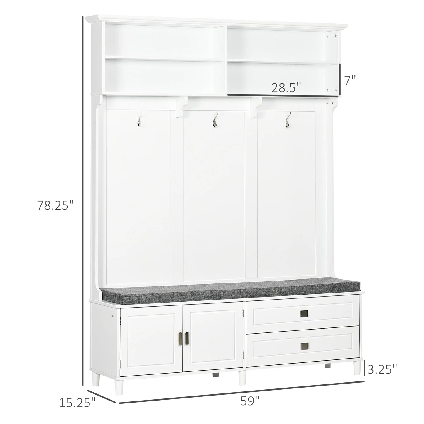 Hall Tree with Storage Bench with Storage Shelves, Cabinet and Drawers White