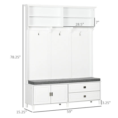 Hall Tree with Storage Bench with Storage Shelves, Cabinet and Drawers White