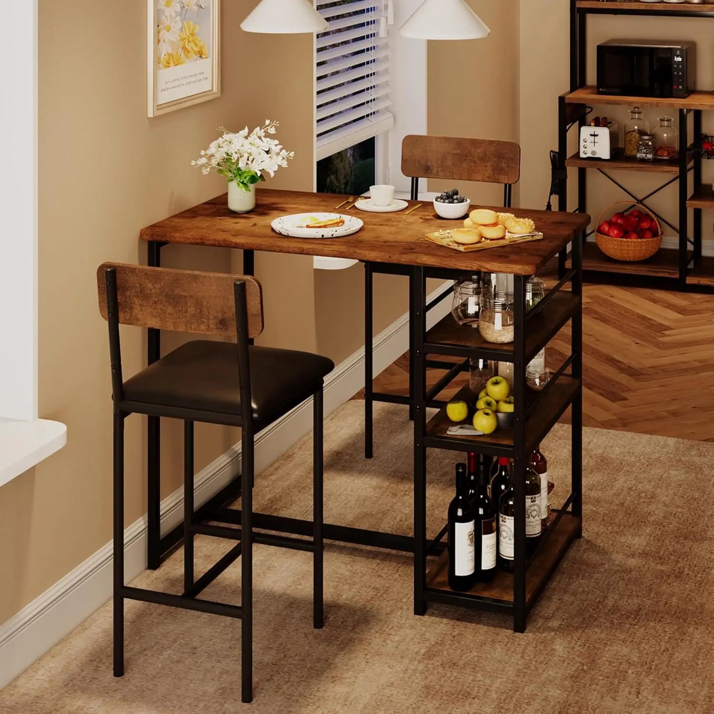 3-Piece Bar Table and Chairs Set with 3 Tier Storage Shelves,  with PU Cushion Bar Chairs