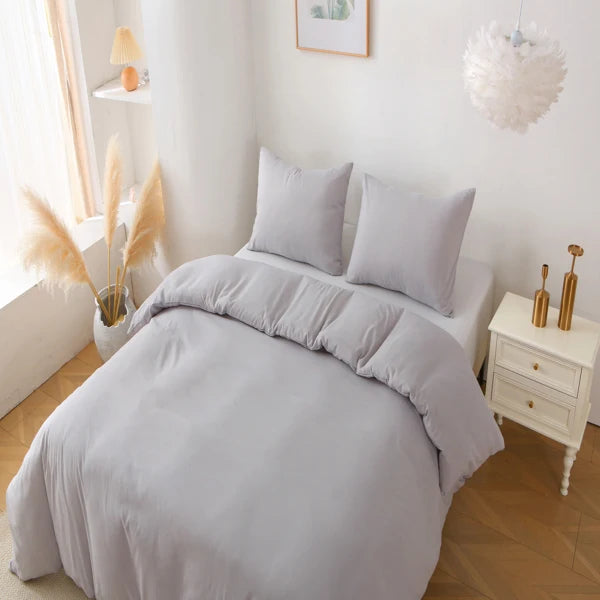 3 Pieces Solid Color Bedding Set with 1 Duvet Cover and 2 Pillow Shams, Comforter Not Included (Queen Size, Light Grey)