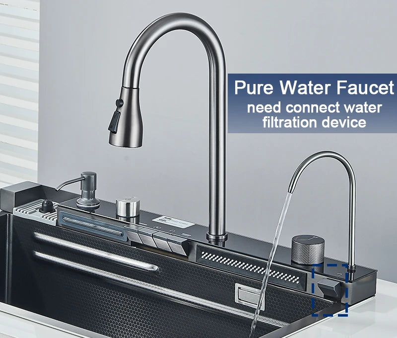304 Stainless Steel Kitchen Sink with Digital Display Waterfall Faucet, Multifunctional Large Single Slot Whale Sink