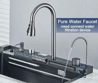 304 Stainless Steel Kitchen Sink with Digital Display Waterfall Faucet, Multifunctional Large Single Slot Whale Sink