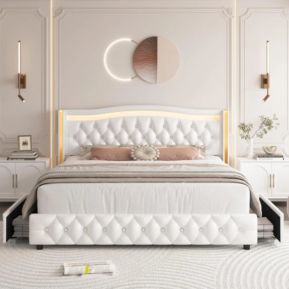 Full Size Smart LED Platform Bed Frame; 4 Storage Drawers; Gold Trim Wingback Headboard,