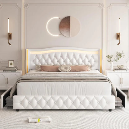 Full Size Smart LED Platform Bed Frame; 4 Storage Drawers; Gold Trim Wingback Headboard,
