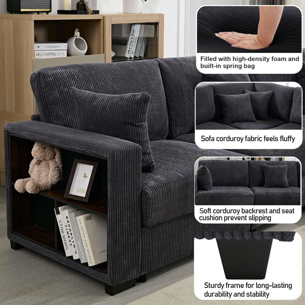Corduroy Large Sectional Sofa Couches for Livingroom, Oversized 5 Seat L-Shaped Sofa Set with Chaise&Storage Cabinet