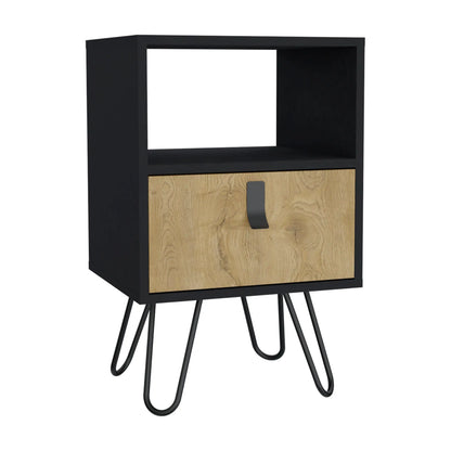Huna Nightstand, Stylish Storage with Hairpin Leg, Open Shelf and Drawer Black / Macadamia