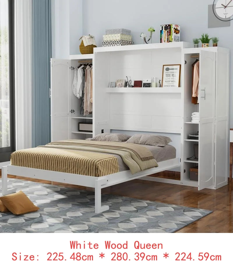 Queen Size Murphy Bed with 2 Wardrobes and Storage Shelf, Multifunctional Foldable Bed Frame for Guest Room and Bedroom, White
