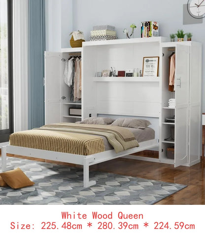 Queen Size Murphy Bed with 2 Wardrobes and Storage Shelf, Multifunctional Foldable Bed Frame for Guest Room and Bedroom, White