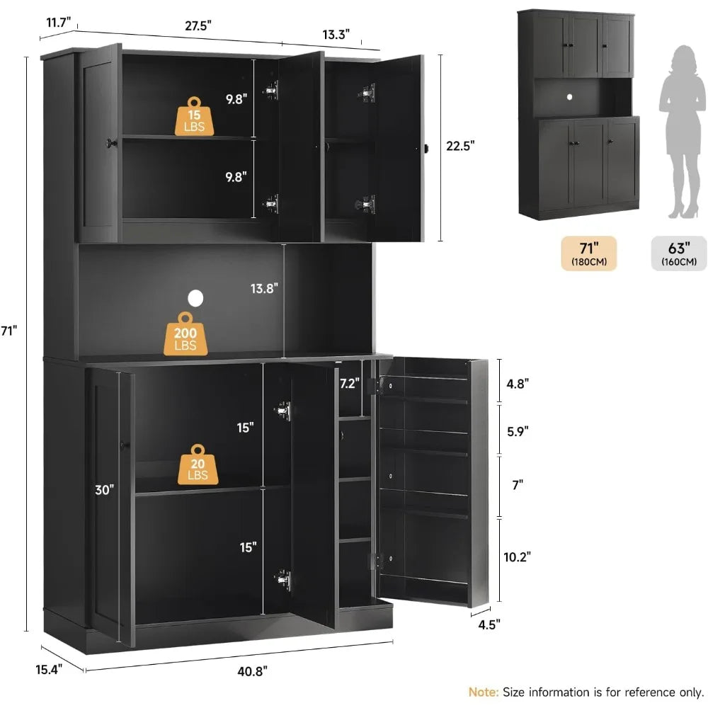 71" Tall Pantry Storage Cabinet with Microwave Stand & Door Shelf,  6 Doors
