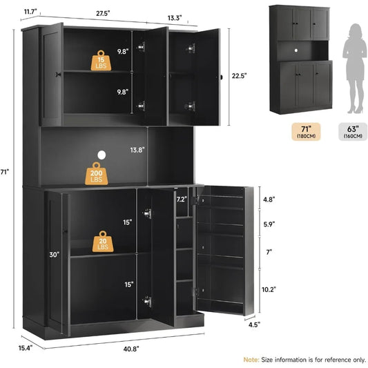 71" Tall Pantry Storage Cabinet with Microwave Stand & Door Shelf,  6 Doors