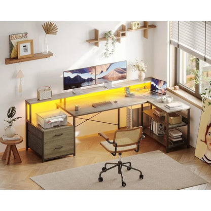 L Shaped Computer Desk with File Drawer, Power Outlet & LED Strip