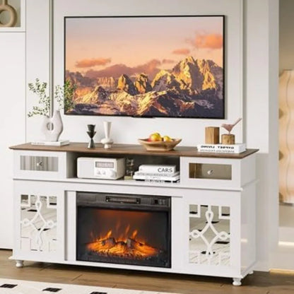 Fireplace TV Stand with Sliding Mirrored Door for TVs up to 70", Entertainment Center with Storage Cabinet and Shelves,
