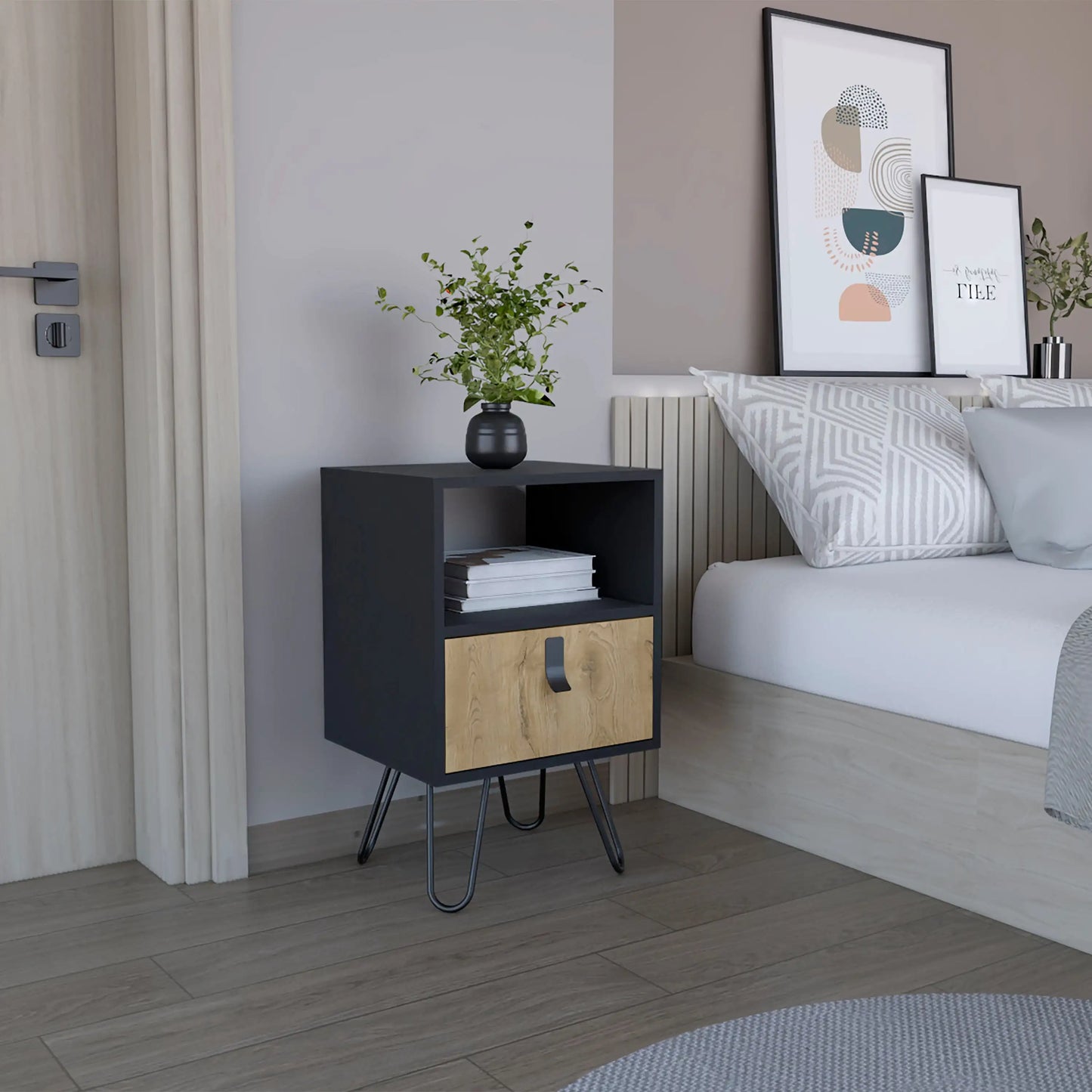 Huna Nightstand, Stylish Storage with Hairpin Leg, Open Shelf and Drawer Black / Macadamia