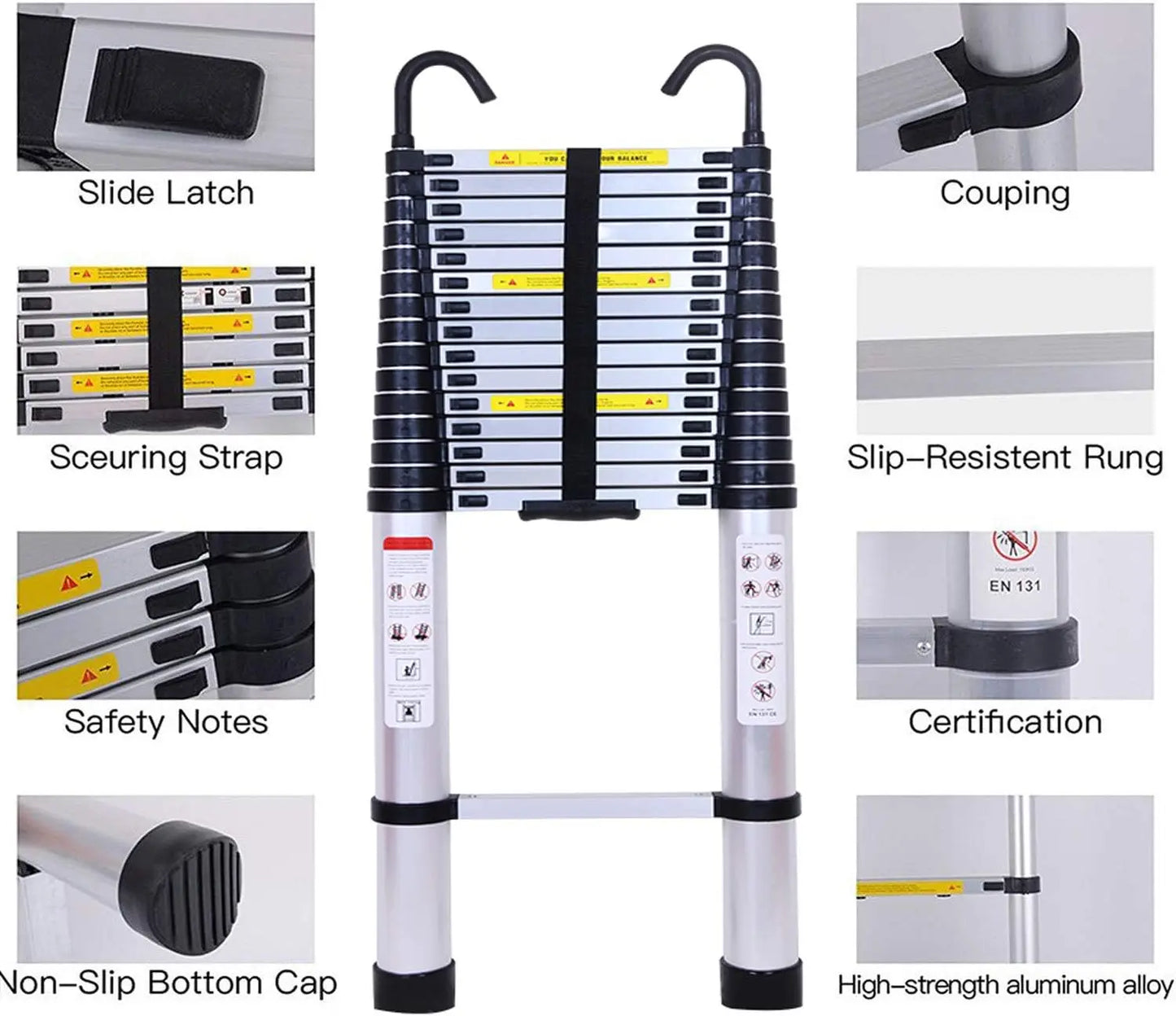 Telescopic Collapsible Ladder with Detachable Hooks & Extendable Steps Non-Slip Feet