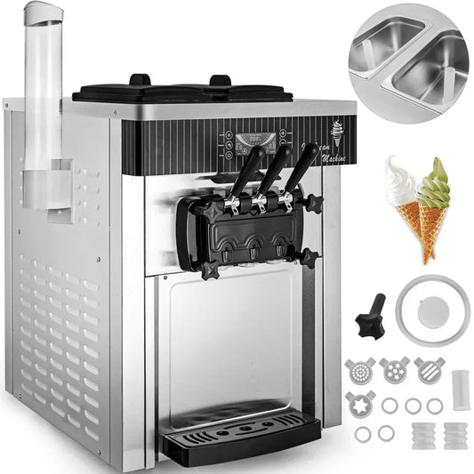 Sihao 2200W Ice Cream Machine 5.3-7.4Gal/H Soft Serve with LED Display Auto Clean 3 Flavors