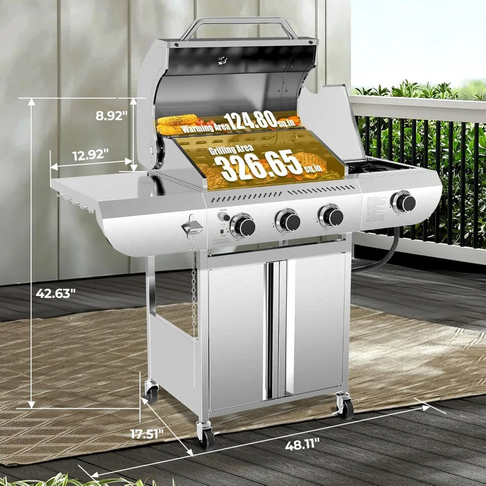 3-Burner Propane Gas Grill with Side Burner, 34,000 BTU Stainless Steel Outdoor BBQ for Camping & Parties