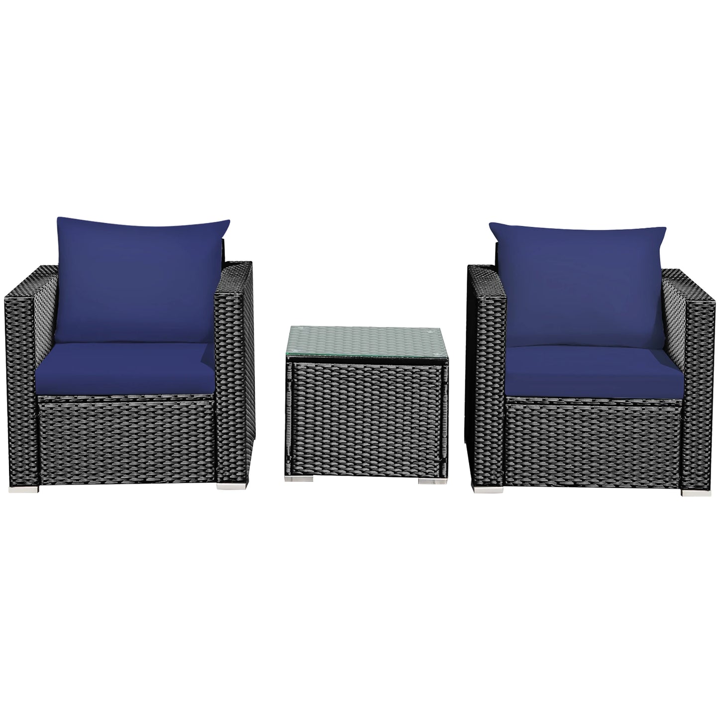 3PCS Patio Rattan Wicker Furniture Set Sofa Table W/Cushion Navy Blue