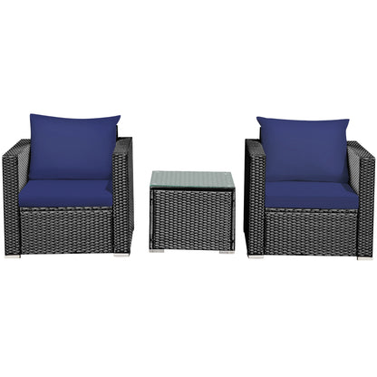 3PCS Patio Rattan Wicker Furniture Set Sofa Table W/Cushion Navy Blue