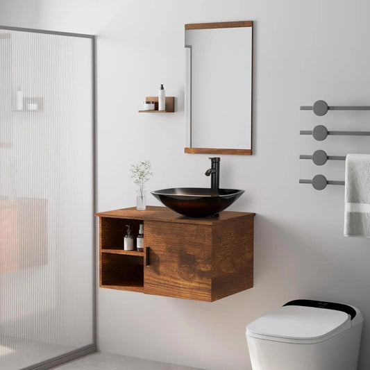28" Bathroom Vanity Sink Combo Wall Mounted Floating Cabinet W/Open Shelves W/Mirror,  Faucet